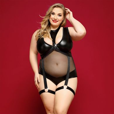 Елегантне боді з екошкіри JSY «Спокуслива Морган» Plus Size, Black, сітка, портупея з гартерами SO8379 фото