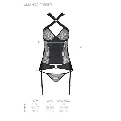 Сітчастий комплект корсет з халтером, зйомні підв'язки та трусики Amanda Corset black S/M - Passion SO5319 фото