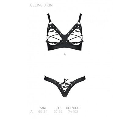 Комплект из экокожи Celine Bikini black L/XL — Passion: открытый бра с лентами, стринги со шнуровкой SO6400 фото