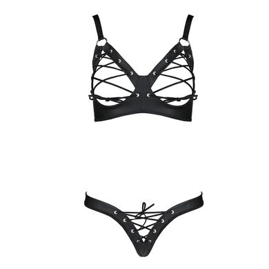 Комплект из экокожи CELINE BIKINI black S/M — Passion: открытый бра с лентами, стринги со шнуровкой SO6401 фото