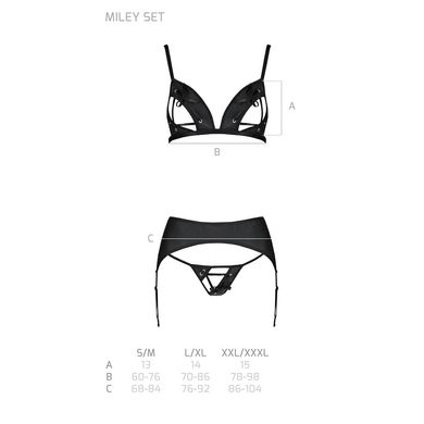 Комплект з екошкіри Passion Miley Set black L/XL: трусики, бюстгальтер, пояс для панчіх SO5771 фото