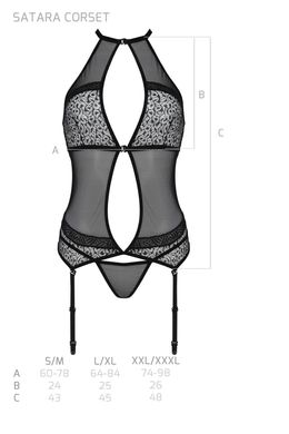 Корсет з пажами Passion SATARA CORSET XXL/XXXL black, стрінги, мереживо, застібки спереду та ззаду SO8477 фото