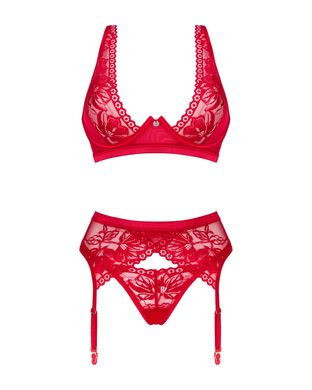 Комплект білизни Obsessive Lacelove cupless 3-pcs set XL/2XL Red, бюстгальтер, стрінги, пояс для пан SO8657 фото