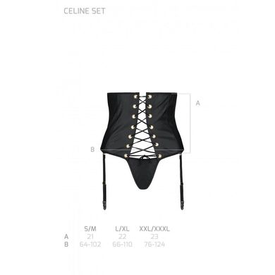 Пояс-корсет з екошкіри Celine Set black L/XL — Passion: шнурівка, знімні пажі для панчіх, стрінги SO6409 фото