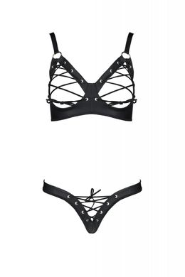 Комплект з екошкіри Passion Celine Bikini 4XL/5XL black, відкритий бра, стрінги зі шнурівкою SO7057 фото